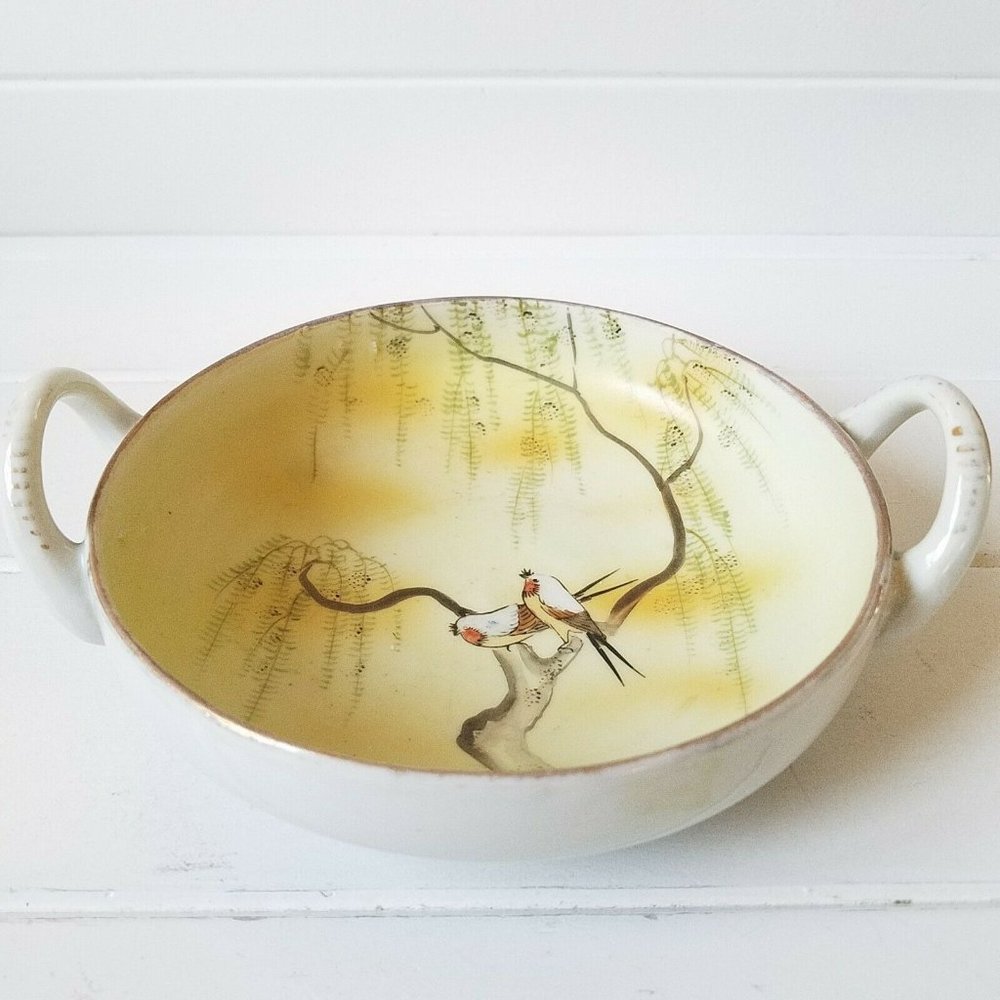 Asian Japanese Porcelain 2-Handle Bowl, Hand Painted w/ Birds, Saji & Kariya S&K